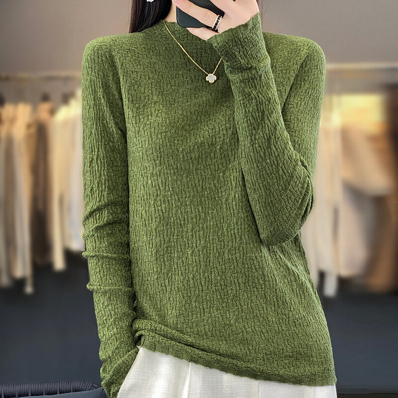 Suéter macio de gola meia alta para mulheres 100% lã merino pulôver de rugas, caxemira de malha casual, top feminino solto para outono e inverno