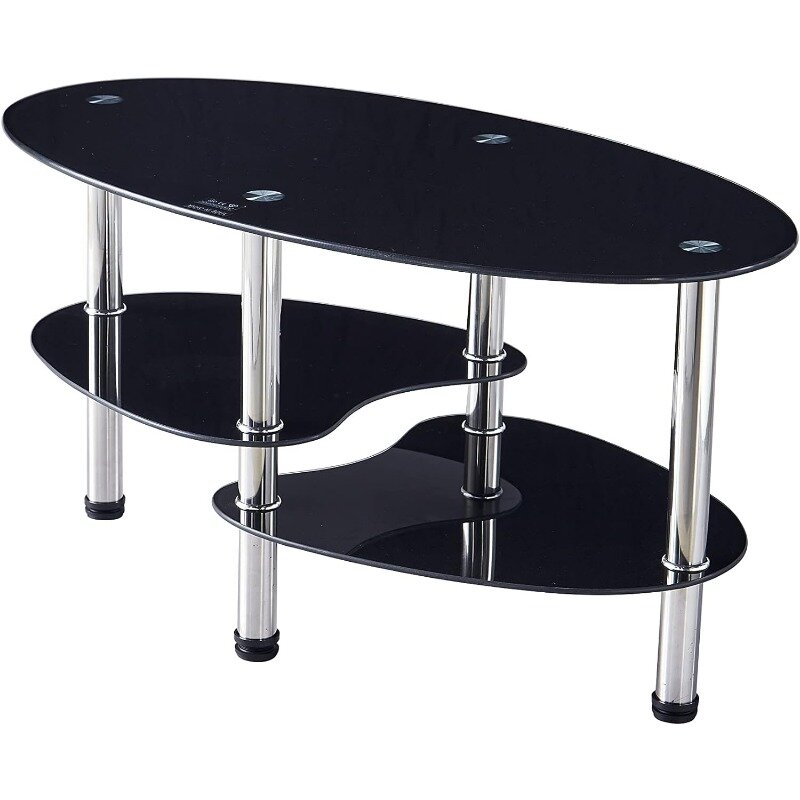 Mesa de chá de vidro oval para escritório, 3 camadas, mesa de café moderna, mesa final para sala de estar, preta