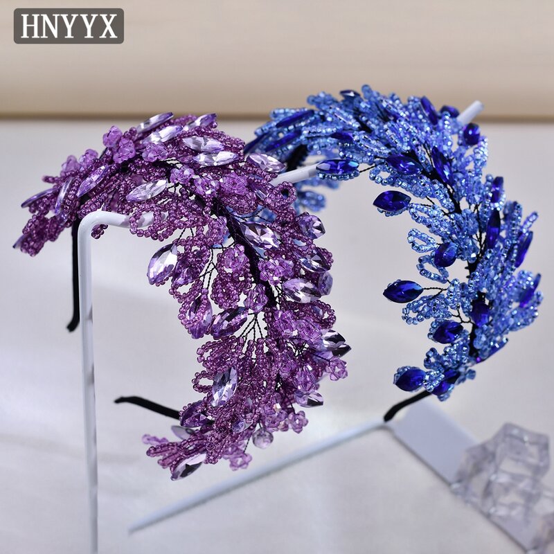 HNYYX Crystal Beaded Leaves For Women Headband Handmade Retro Rhinestone Head Hoop Girls Bridal Wedding A165 Purple