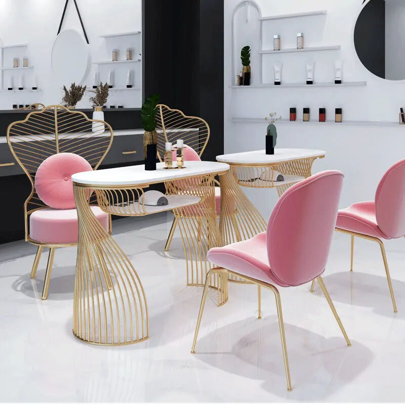 Tables à ongles dorées simples, meubles de salon de beauté modernes, table de manucure professionnelle, ensemble de chaises de table de manucure de luxe abordable