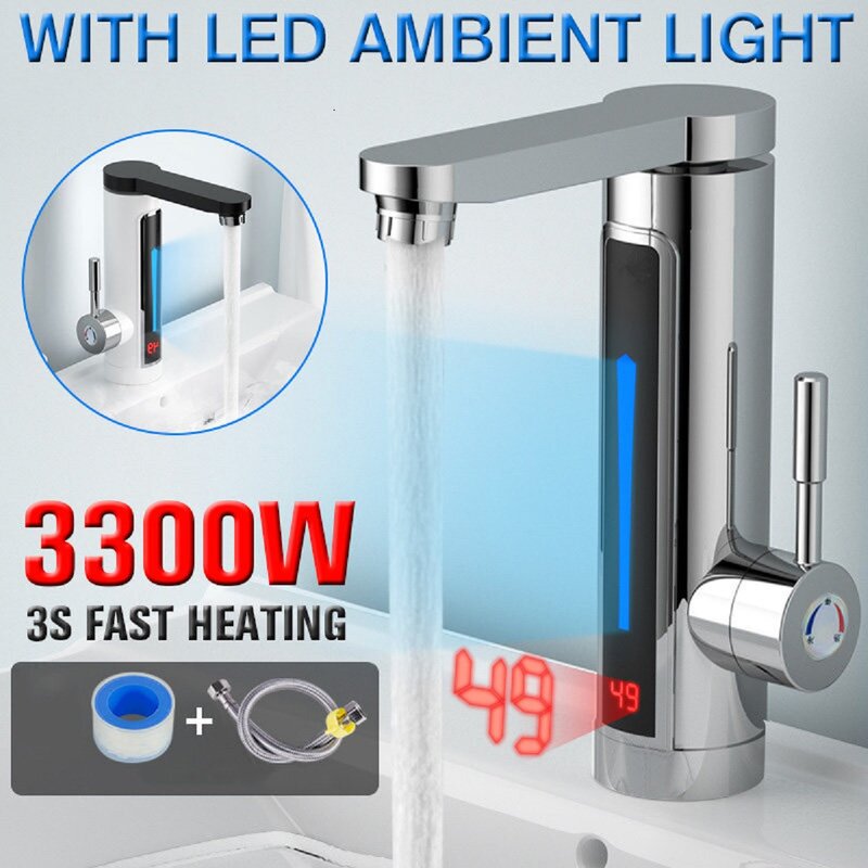 電気インスタント加熱蛇口給湯器,LED,環境光,バスルームのタップ,温度表示,3300W