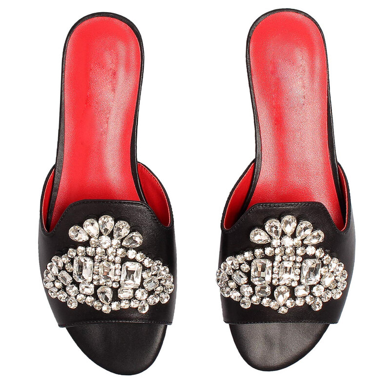 Sandal datar hitam berlian buatan mode Italia sepatu pesta untuk wanita 2022 sandal Mule mewah desainer, sandal merek musim panas wanita