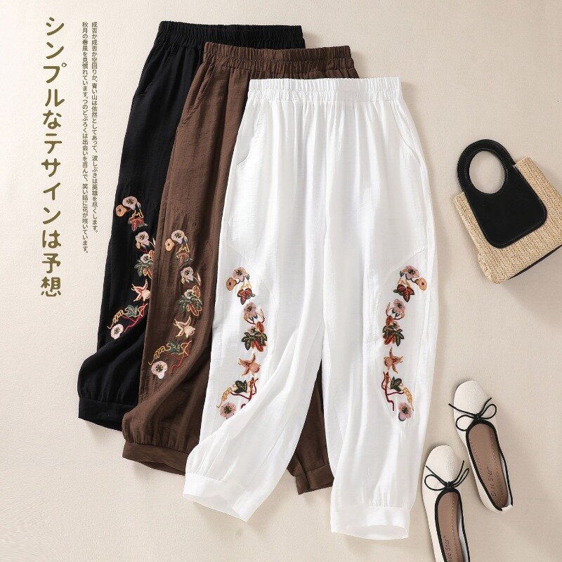 Plus Size Spring Summer Retro Ethnic Embroidered Bloomers Women's Loose Cotton Linen Leg Sweatpants Casual Cropped Pantalones