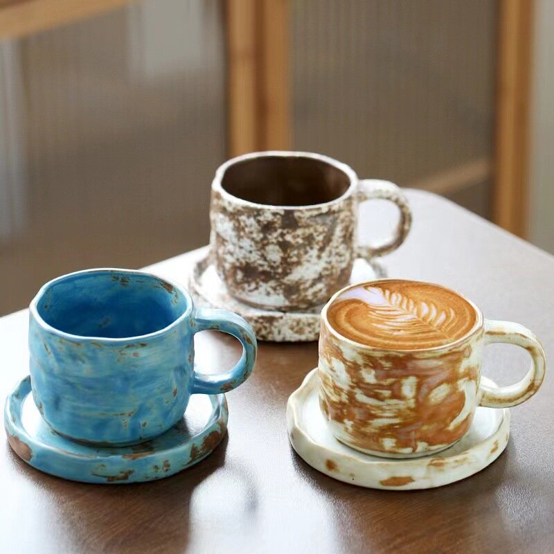 ถ้วยเซรามิกแก้วกาแฟใส่อาหารเช้าแบบย้อนยุคแก้วเซรามิกหยาบถ้วยน้ำชายามบ่ายหรูหราบนโต๊ะอาหาร