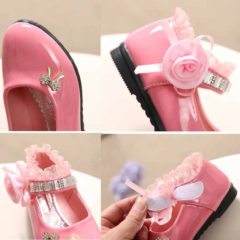 Buty dziecięce 2023 nowe buty kwiatowe dla dziewczynek wiosenne jesienne koronka księżniczki buty ze skóry PU urocze buty z kokardkami for3-11 wieki