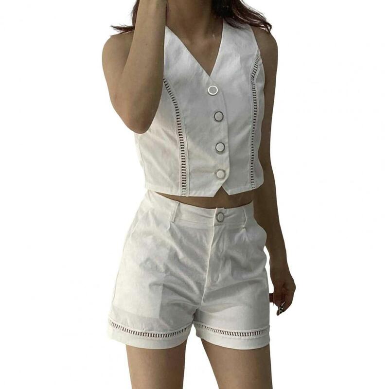 Women High-waisted Shorts Suit Stylish Women's Vacation Resort Wear Set with V Neck Top High Waist Shorts Chic Outfit for Summer