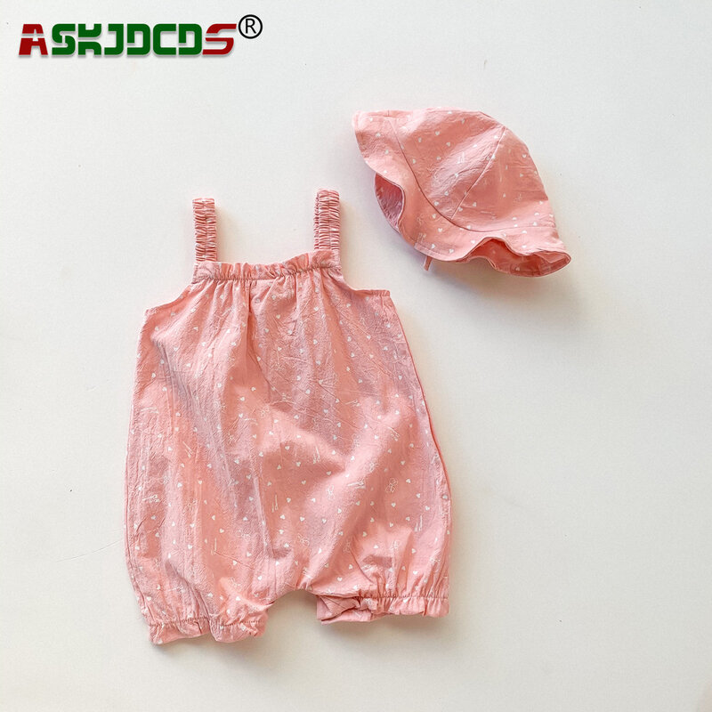 2023 New In Summer Newborn Infant Girls Sling Pink Print Cotton Outdoor Clothing Kids Baby Jumpsuits Toddler Romper+hat 2pcs