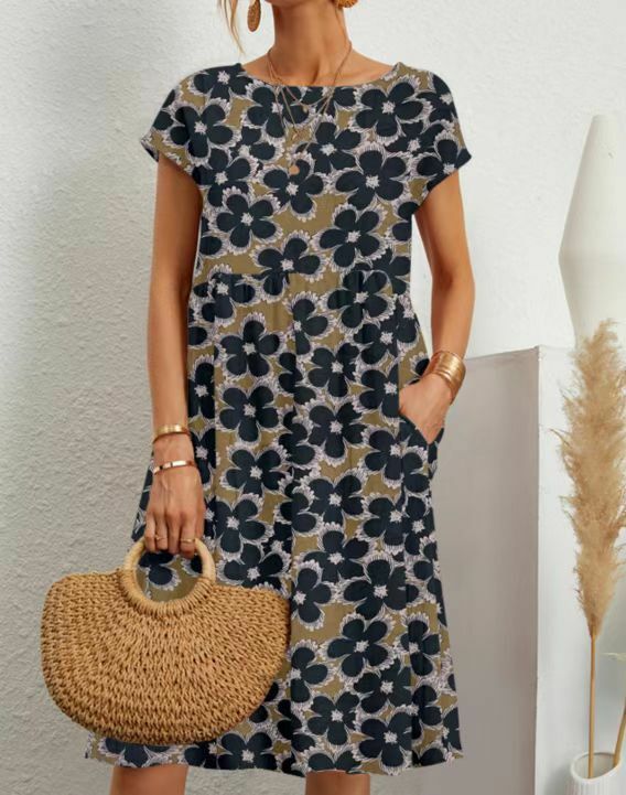 Neue Damen Baumwolle Blumen druck Kleid Frauen Sommer Freizeit kleider Modestil Kurzarm O-Ausschnitt Falte mit Taschen Maxi kleid