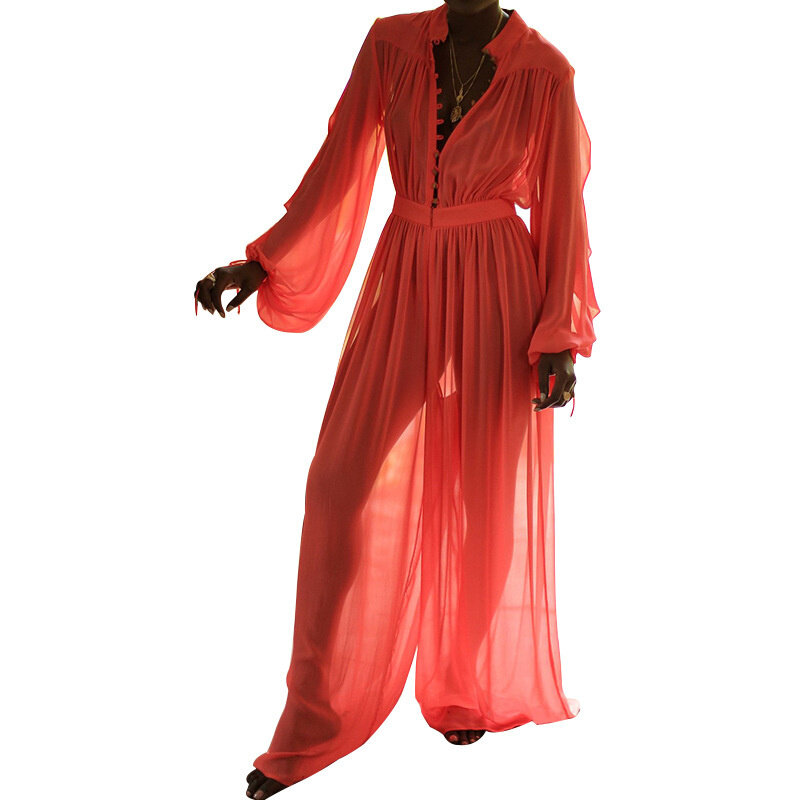Combinaison en mousseline de soie à manches longues pour femmes, salopette large, maille transparente, combinaisons de boîte de nuit sexy, jambe large, rose, vert, 2023