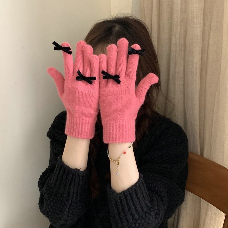Fashion Bow Knitted Gloves Women Winter Gloves Warm Riding Gloves Solid Fluffy Work Gloves Y2k Harajuku Kawaii Mittens