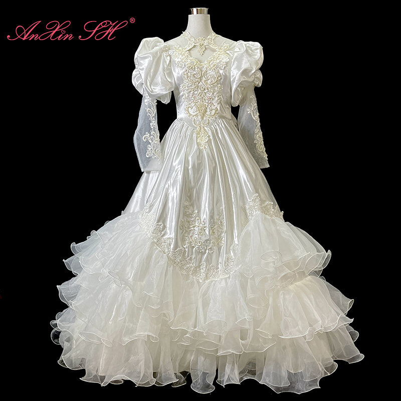 AnXin SH vintage white satin flower lace o neck beading pearl illusion long puff sleeve lace up big bow Antique wedding dress LZ