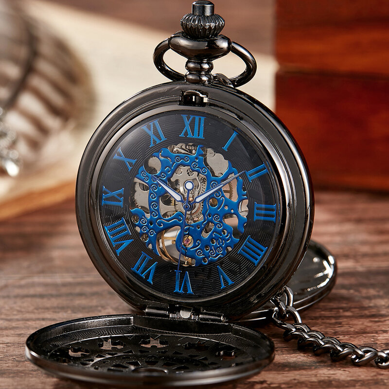 Jam tangan saku mekanis, Cover ganda Skeleton Steampunk Hollow Case jam Vintage Dial Roman koleksi Pria Wanita reloj hombre