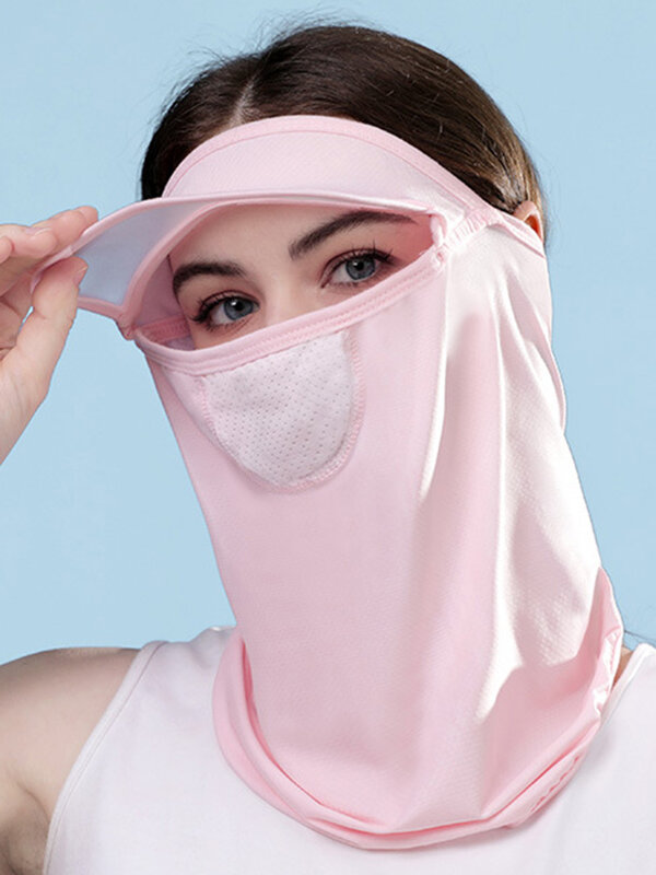 Facekini หมวกหน้ากากกรองแสงกลางแจ้งผ้าบางป้องกันรังสีอัลตราไวโอเลตผ้าไอซ์ซิลค์ระบายอากาศได้สำหรับฤดูร้อน UPF50 + ผู้หญิงมีหน้าผายสีดำสีเทา