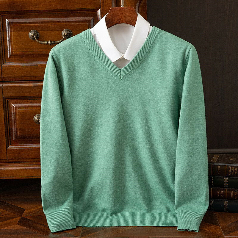 100 Ordos Wool Sweater Men's Clothing V-neck Long Sleeved Pullover Cashmere Knitted Bottom Tops Soft Warm