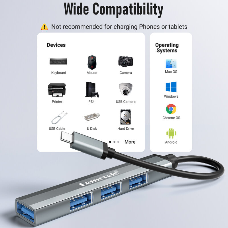 Lemorele 레노버 맥북 프로용 USB 허브, USB C/A 허브, 멀티 스플리터 어댑터, 노트북 액세서리, USB 3.0, OTG 4 포트