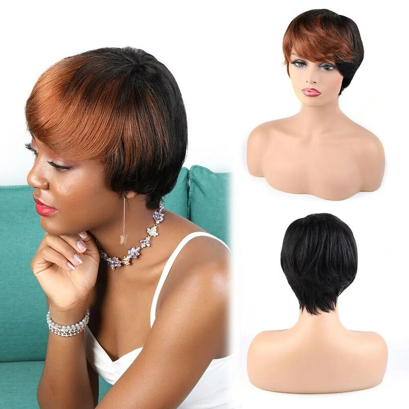 Pelucas de cabello humano brasileño 100% con corte Pixie para mujer, pelo corto con mecanismo completo, colores mezclados, barato