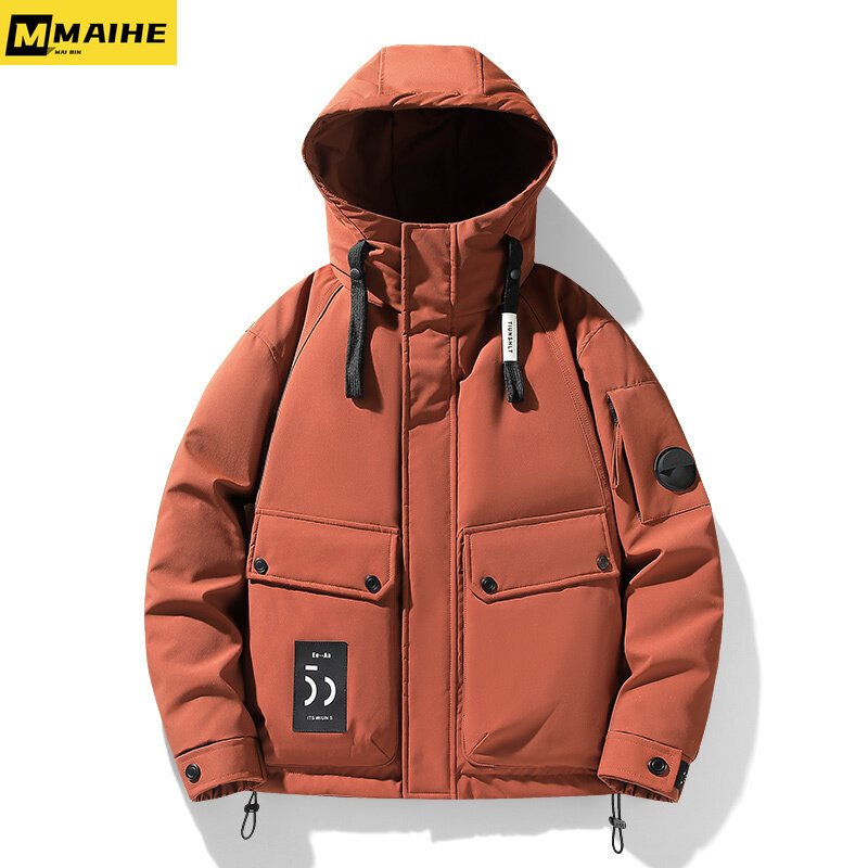 남성용 따뜻한 다운 재킷, 짧은 후드 화이트 덕 다운 재킷, 한국 버전, 패션 트렌드, 대형 포켓 재킷, 겨울