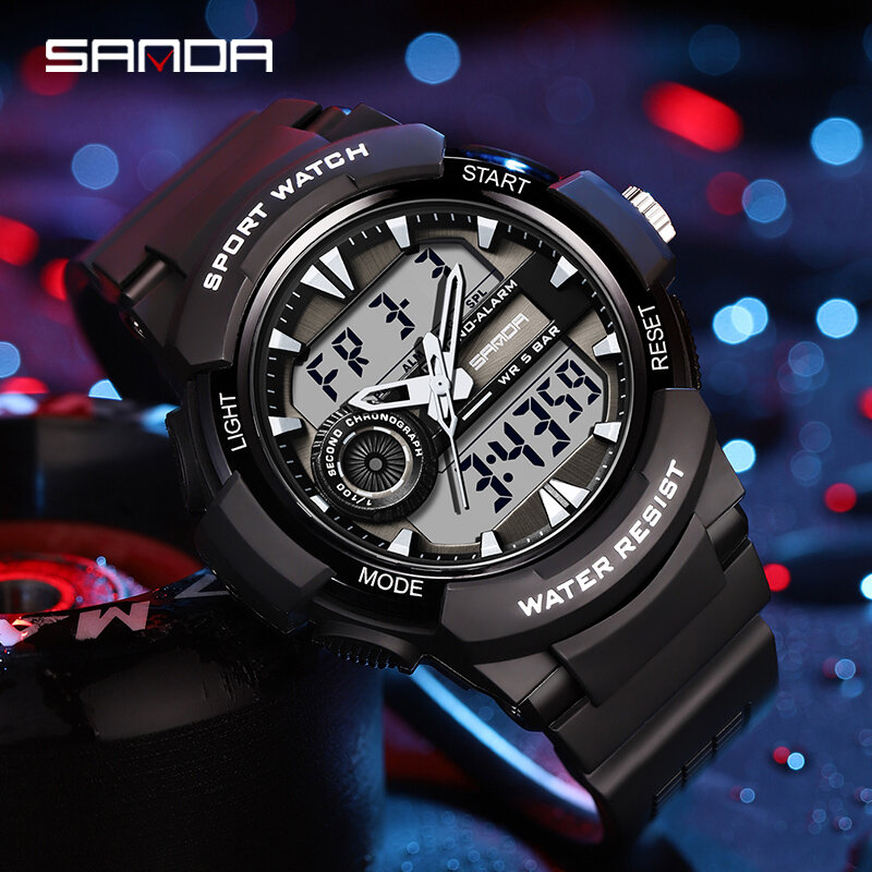 SANDA 2023 남성용 디지털 시계, 스포츠 밀리터리 시계, 방수 듀얼 디스플레이 시계, 등산 타이머, 새로운 패션
