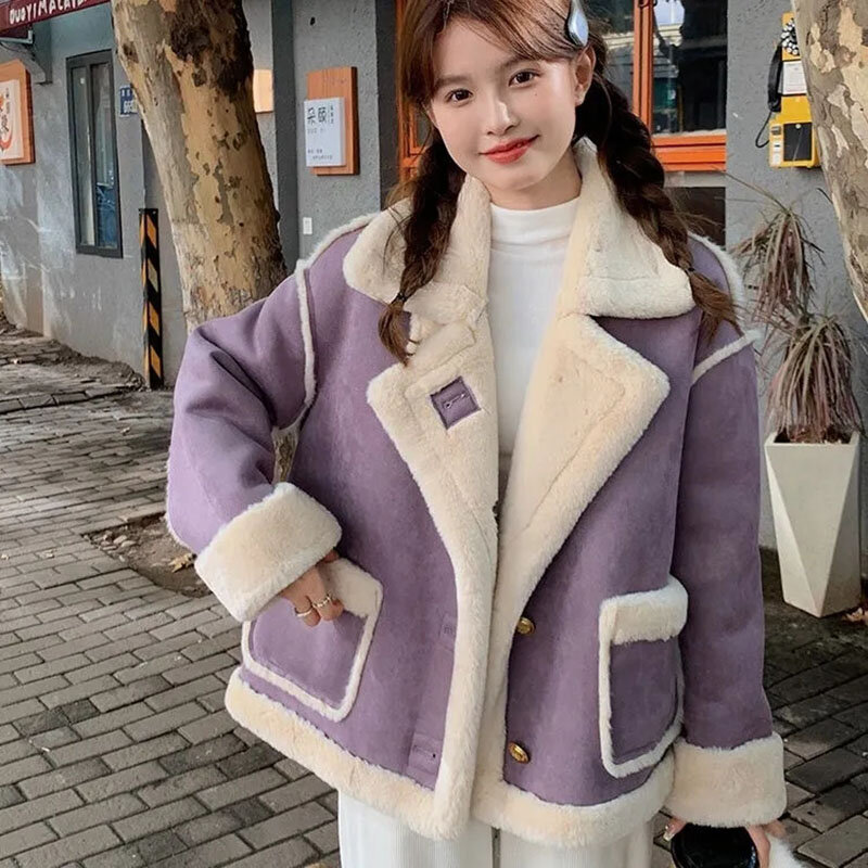 Casaco grosso pequeno de lã de cordeiro para mulheres, pele curta, jaqueta de peça única, popular, coreano, novo, inverno, 2024
