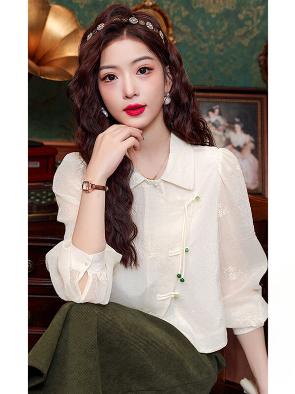 중국 스타일 단추 긴팔 셔츠, 작은 셔츠, 짧은 쉬폰 상의, 신상 여성 의류