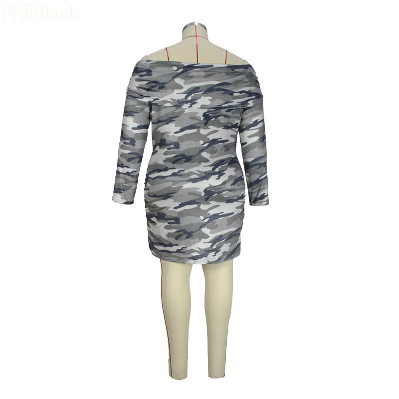 Uma palavra gola camuflagem impressão cinza saco hip sexy shirring magro laço mini vestido primavera outono plus size roupas femininas