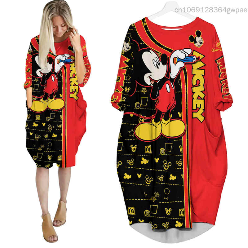 Disney-Vestido Mickey Minnie Mouse Feminino, Manga Comprida, Solto, Batwing, Bolso, Sobre o Joelho, Vestido de Festa Feminino, Moda Versátil, Casa