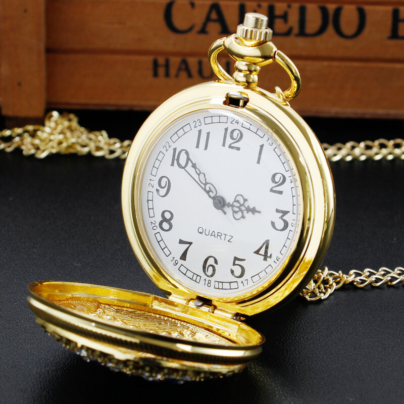 Gold Multi Diamond Women's Necklace Pocket Watches Vintage Fashion Ladies Pendant Quartz Pocket FOB Watch Gift With Chain
