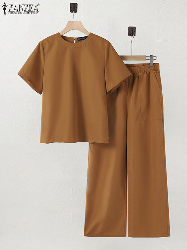 ZANZEA-Conjunto de Blusa de manga corta para mujer, chándal urbano liso, pantalón de cintura elástica, pantalón informal, 2 piezas, verano, 2024