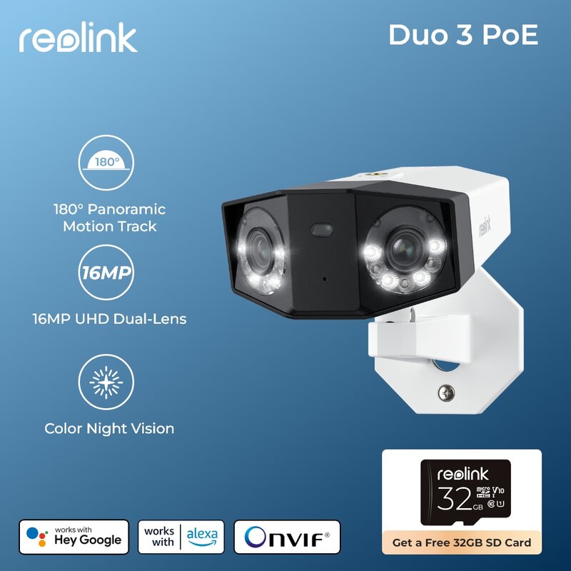 Reolink Duo 3 PoE 16MP UHD Câmera de segurança de lente dupla 4K Duo 2 PoE Câmera IP 180 ° Vista panorâmica Câmeras de vigilância por vídeo doméstico