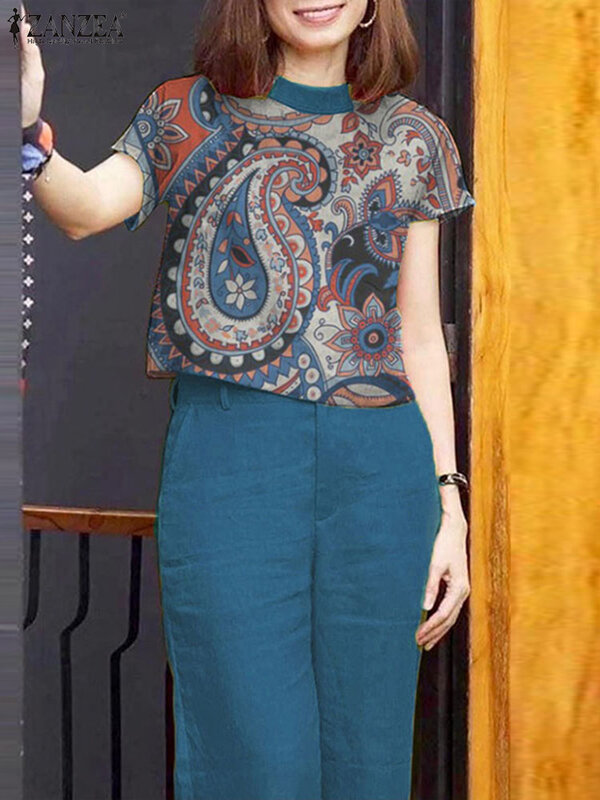 Женский летний костюм ZANZEA с цветочным принтом, блузка с коротким рукавом и брюки, богемный винтажный комплект из 2 предметов, праздничные одинаковые комплекты 2024