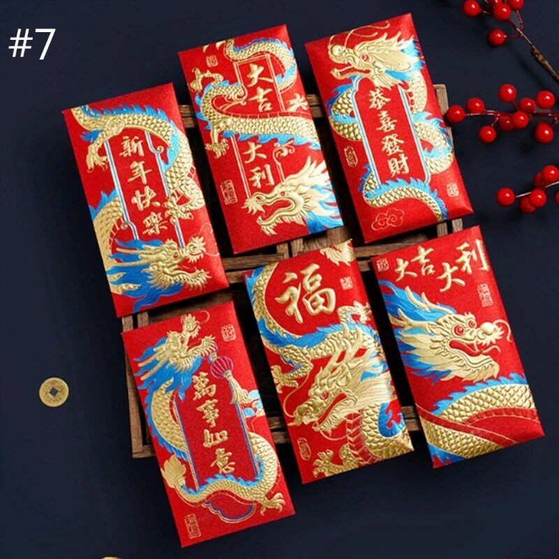 Pak 6 rode enveloppen met reliëf voor kinderen Chinese maannieuwjaar rode pakketten