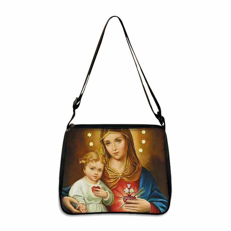 กระเป๋าถือผ้าใบสำหรับผู้หญิงกระเป๋าใส่ของใต้วงแขนน่ารักพกพาได้มีลาย Jesus / Holy Mary