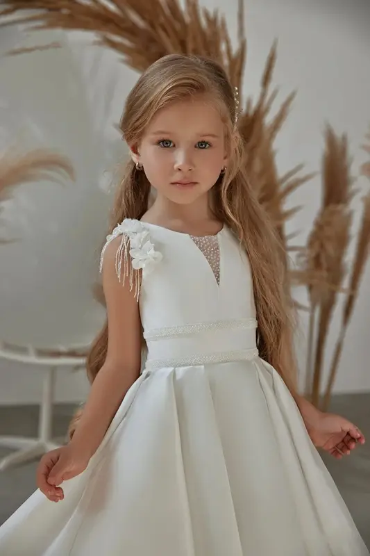 Gaun perempuan bunga putih sederhana untuk pernikahan bunga 3D manik-manik Satin A-line panjang kontes ulang tahun gaun Komuni Pertama