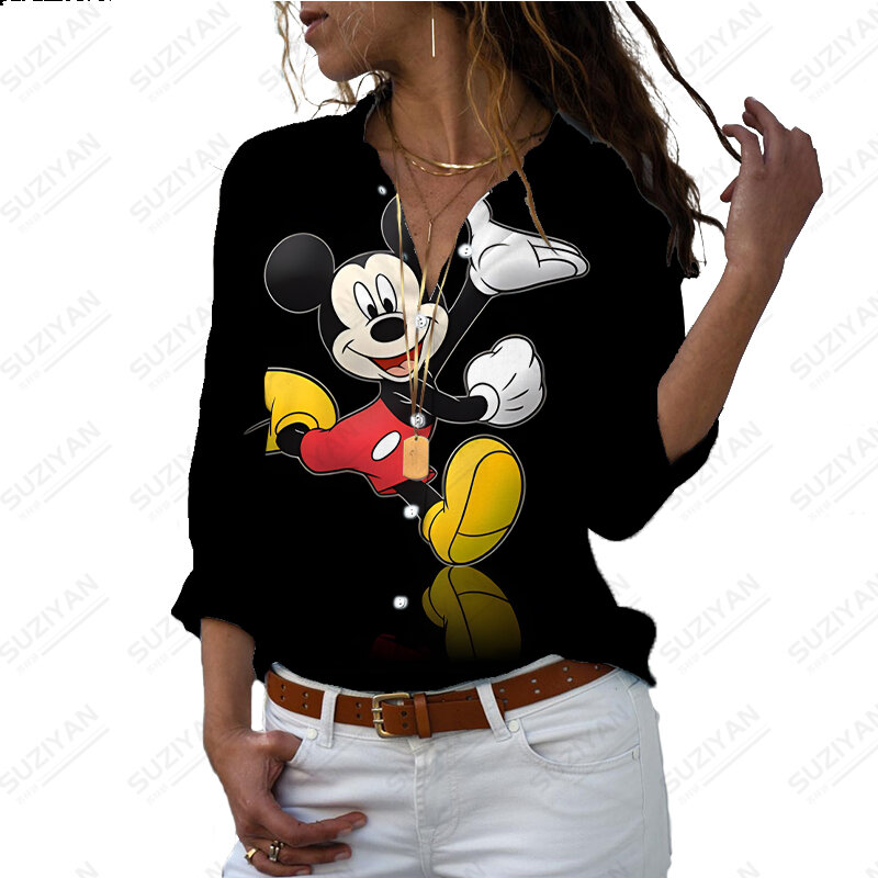 Disney Women's Shirt Long Sleeve Polo Button Cardigan Top 3D Print 2023 New Spring Cartoon Pattern Plus Size Mickey MinnieSimple