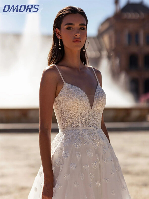 فساتين زفاف مثيرة برباط سباغيتي ، فستان زفاف من التل البسيط ، فستان رومانسي بطول الأرضية ،