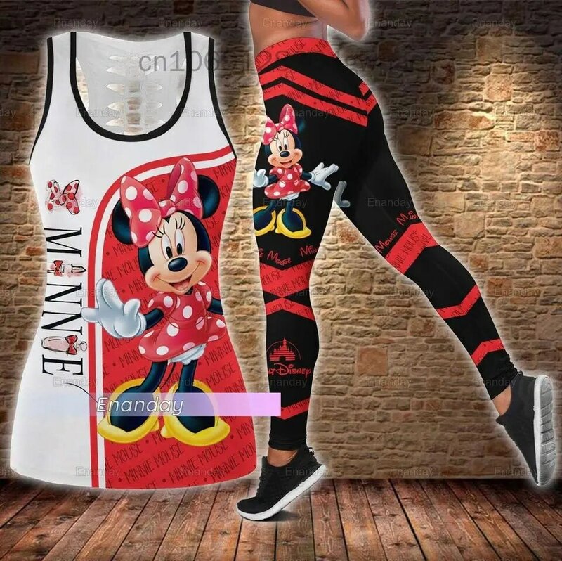 New Minnie Mouse women's Hollow Tanktop Leggings Yoga Set Summer Fitness Leggings tuta Disney Cutout canotta Leggings Suit