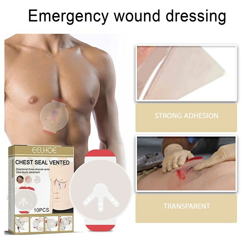 10Pcs Segurança Sobrevivência Emergência Trauma Adesivo Peito Seal Medical Chest Seal Ventilado First Aid Patch Outdoor Ferramenta Sobrevivência