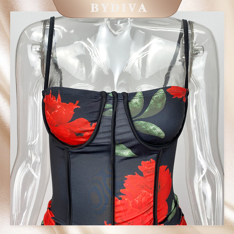 BYDIVA 2022 أفضل نوعية فستان ماركة مشهورة طباعة السباغيتي حزام الصيف مثير المشاهير حفلة ميدي فستان