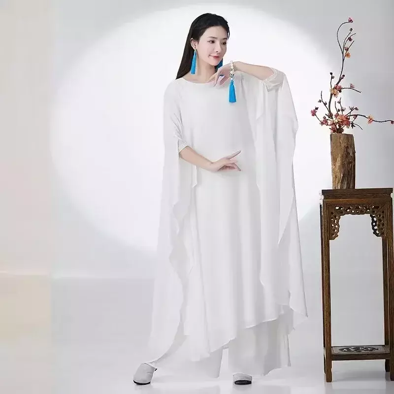 Chinesischer Stil weiß Zen Tanz Kostüm Anzug Leistung Kostüm Meditation Kleid Hosen Set