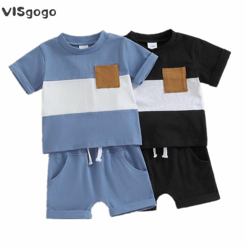 VISgogo-طقم ملابس أطفال للأولاد ، كم قصير ، لون متباين ، تي شيرت مع شورت بخصر مرن ، زي غير رسمي لحديثي الولادة ، صيف ، 2 قطعة