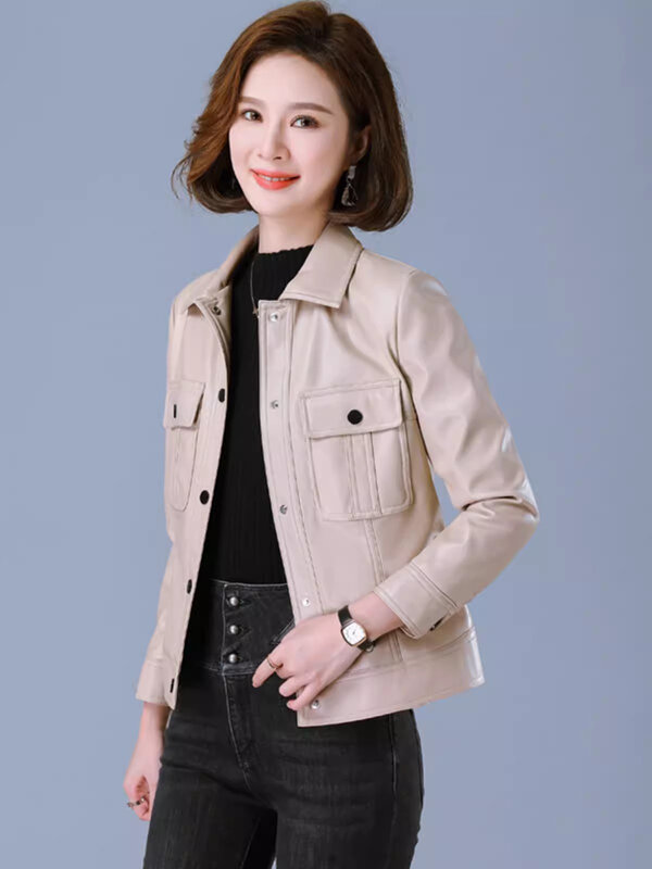 New Women Spring Autumn Leather Jacket Fashion Turn-down Collar Single Breasted Slim Sheepskin Coat Split Leather Outerwear