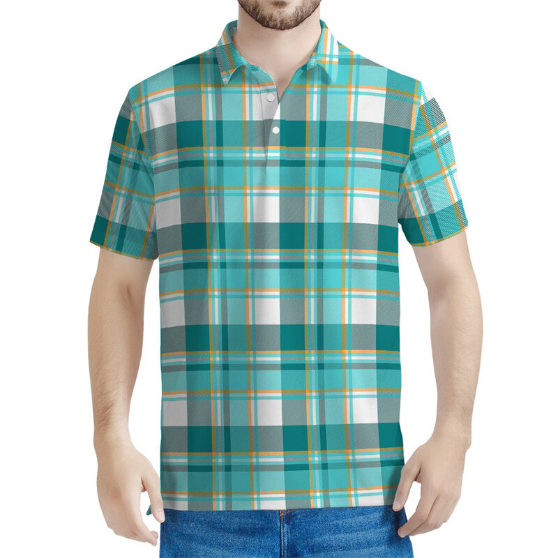Рубашка-поло мужская в клетку, Классическая футболка с цветным полосатым принтом, с коротким рукавом, с лацканами, в стиле оверсайз, лето