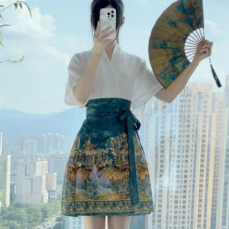 Saia meia hanfu modificada, estilo casual chinês, bonita e elegante, estampada em lacado de cintura alta, verão de rua