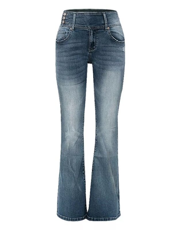 Jeansy damskie casualowe w stylu Vintage z guzikami z wysokim stanem i rozkloszowanymi nogawkami jeansy smukłe spodnie denimowe nowe modne spodnie Streetwear