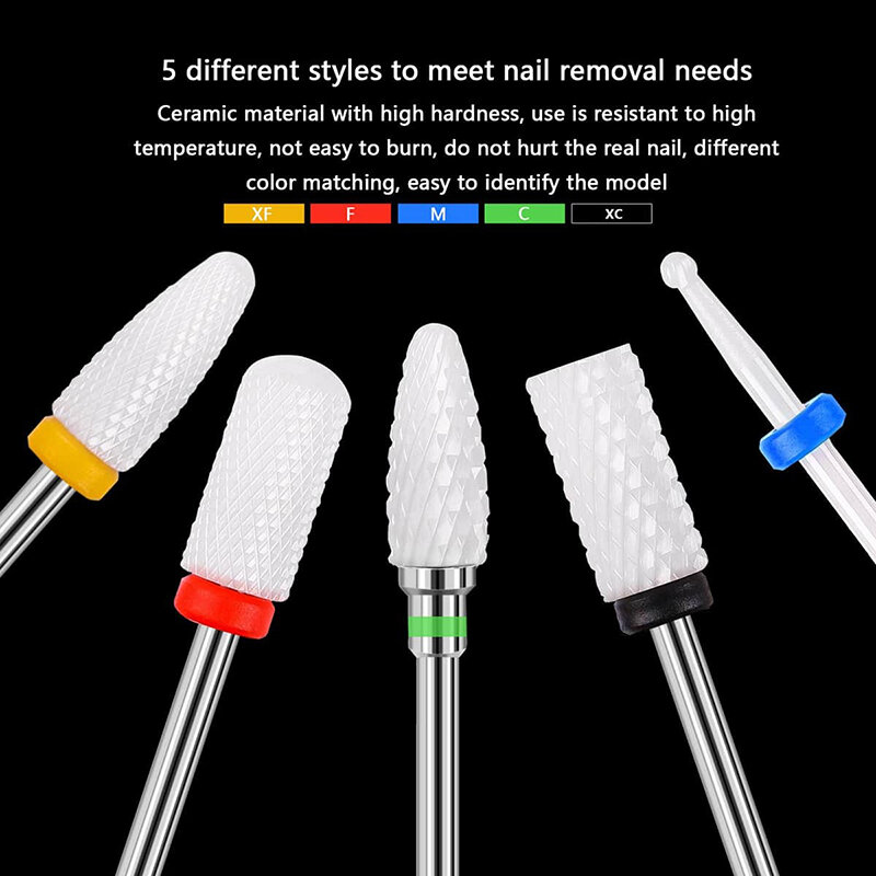 Cerâmica Nail Art Drill Bits, cortador rotativo, aparelho limpo para Manicure, Nail Milling Machine Acessórios, remover Gel Tool, 5 pcs