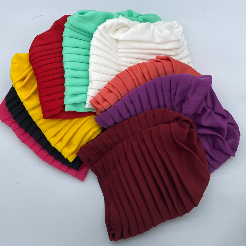 2022 New Candy Color Pleated Turban Cap for Women Candy Ladies Head Wraps Muslim Hijab Bonnets Fashion Headgear