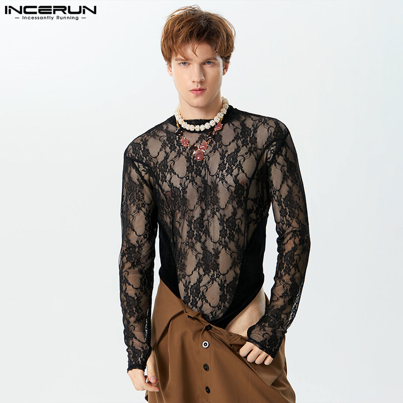 INCERUN 2024 Sexy Men's Rompers Lace Spliced Fleece Thin Jumpsuits Stylish Half High Neck Triangle Long Sleeved Bodysuits S-3XL