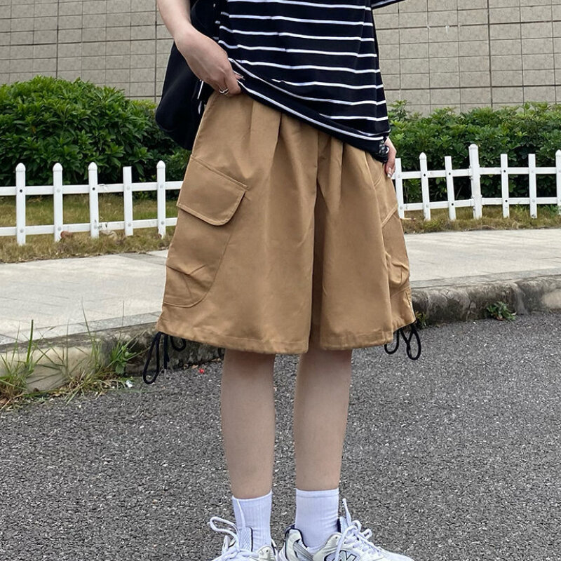 Celana pendek kaki lebar wanita, baju jalanan pinggang tinggi warna polos kasual gaya Safari keren Ulzzang musim panas untuk perempuan