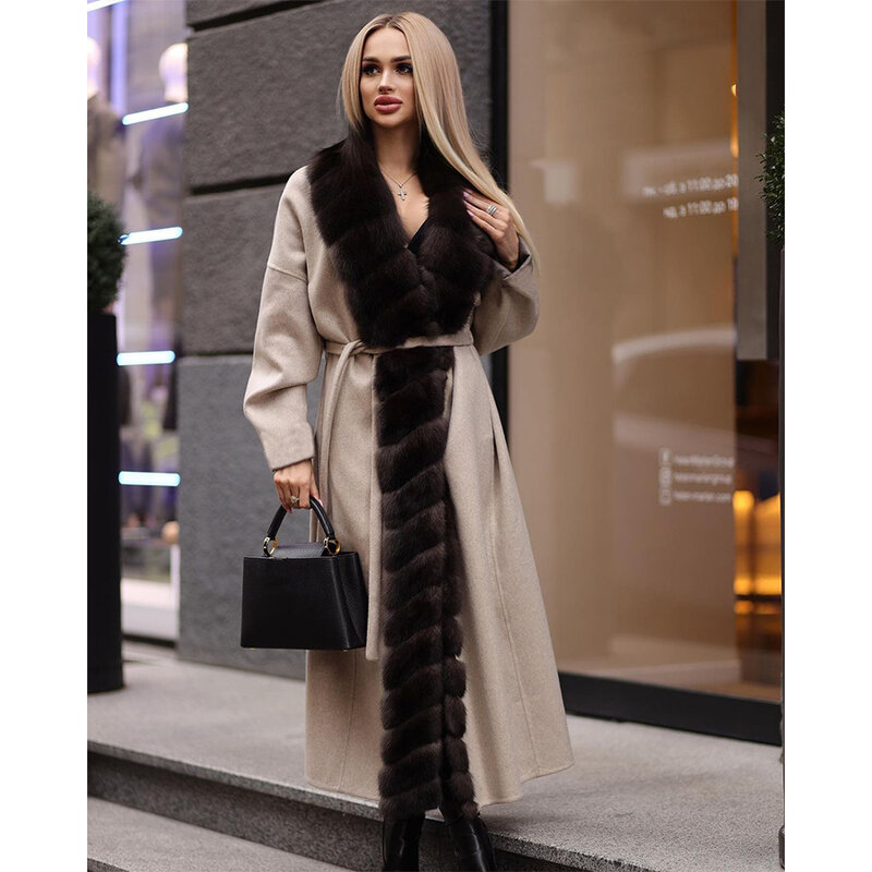 Jaqueta de pele de raposa real feminina, casaco de lã de inverno feminino longo de caxemira, luxo de alta qualidade 2024