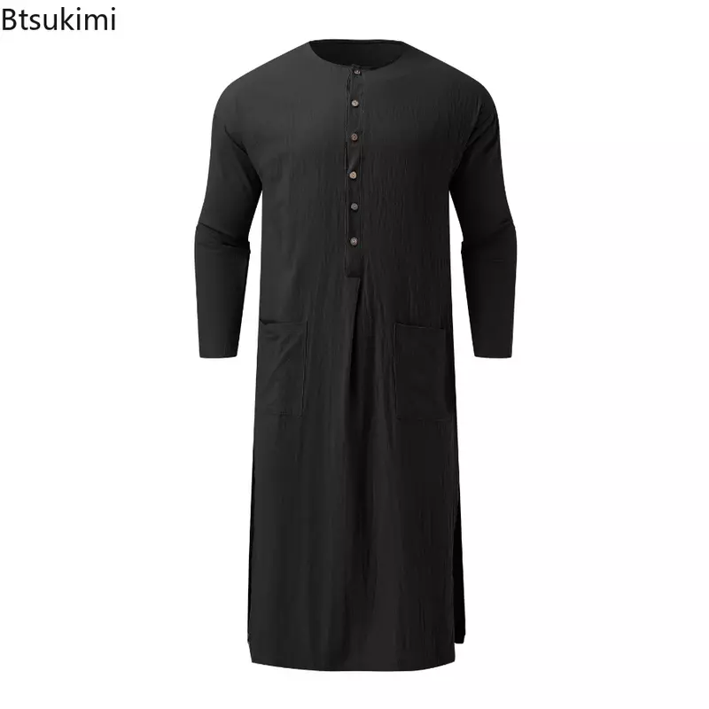 Nuovo 2024 abito musulmano a maniche lunghe da uomo musulmano Jubba Thobe Casual Kaftan Button chiusura tinta unita fessura vestiti arabi per uomo